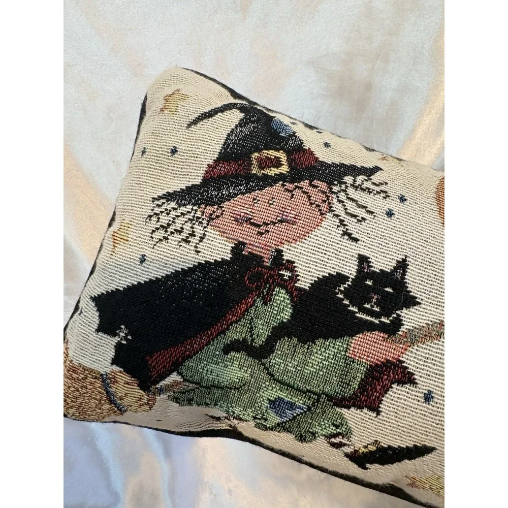 Witch Halloween Broom Rides Tapestry Accent Pillow Cat Moon Bat